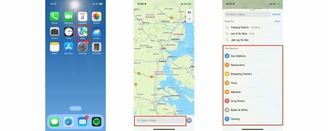 Billede: Screenshots fra iPhone af, hvordan man bl.a. finder spisesteder i 'Maps'