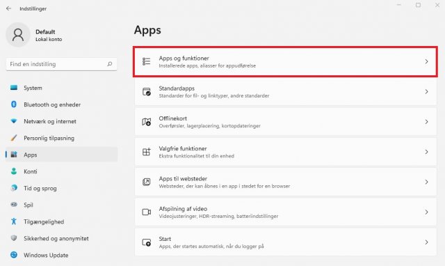 Billede: Screenshot af 'Apps & funktioner' i Windows indstillinger