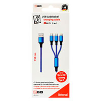 2GO USB Multikabel 1,5m (USB-C/Lightning/Micro USB) Blå