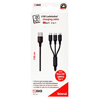 2GO USB Multikabel 1,5m (USB-C/Lightning/Micro USB) Sort