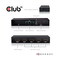 Club3D HDMI Switch 4K m/fjernbetjening (4 in/1 out)