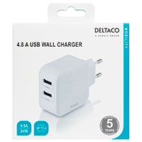 Deltaco 24W 4,8A USB Oplader (2xUSB-A) Hvid