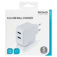 Deltaco 24W 4,8A USB Oplader (2xUSB-A) Hvid