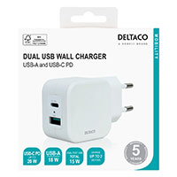 Deltaco USB-C oplader 20W (1xUSB-A/1xUSB-C) Hvid