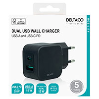 Deltaco USB-C oplader 20W (1xUSB-A/1xUSB-C) Sort