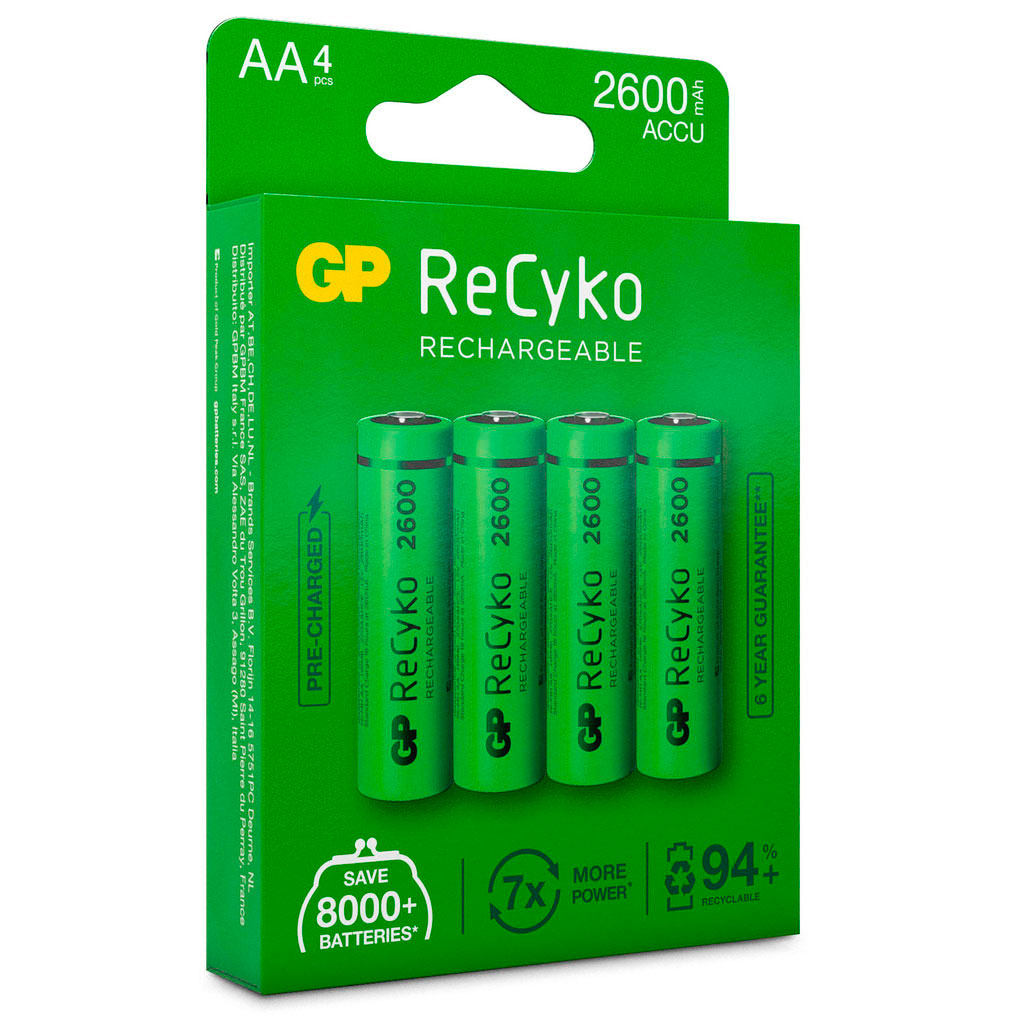 kandidatskole helbrede Afskedige Genopladelige AA batterier (2600mAh) GP ReCyko - Køb 4-Pack