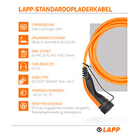 Lapp Ladekabel Elbil 32A/22kW - 5m (Type2/Type2) 3 fase - Orange