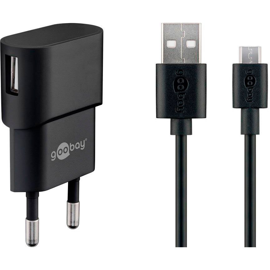 Micro USB oplader 1A - m/kabel (1xUSB) Sort Køb Goobay