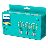 Philips LED filament pære E27 Klar - 4,3W (40W) 3-Pack