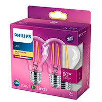 Philips LED filament pære E27 Klar - 7W (60W) 2-Pack