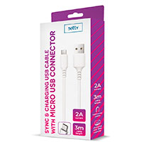 Setty Micro USB Kabel 2A - 3m (USB-A/microUSB) Hvid