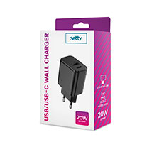 Setty USB-C lader 3A 20W (1xUSB-A/1xUSB-C) Sort
