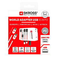 Skross MUV PD 45W Rejseadapter m/USB-A/USB-C - 1,6m USB-C Kabel (Verden)