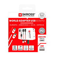 Skross MUV PD 65W Rejseadapter m/USB-A/USB-C - 1,6m USB-C Kabel (Verden)