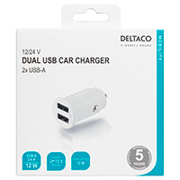 USB billader 2,4A/12W (2xUSB-A) Hvid - Deltaco
