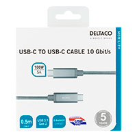 USB-C kabel 100W - 0,5m (USB-C/USB-C) Slv - Deltaco