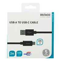 USB-C kabel 2m m/flet (USB-A/USB-C) Sort - Deltaco