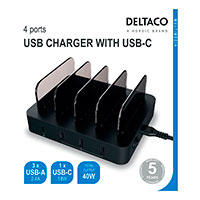 USB Ladestation m/holder 40W PD (3xUSB-A/1xUSB-C) Deltaco