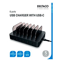 USB Ladestation m/holder 50W PD (5xUSB-A/1xUSB-C) Deltaco