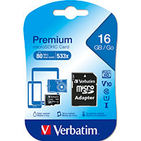 Verbatim Premium Micro SDHC Kort 16GB V10 A1 m/Adapter
