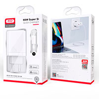 XO CE04 USB-C Lader PD 65W (2xUSB-C/1xUSB-A) + USB-C/USB-C Kabel (Hvid)